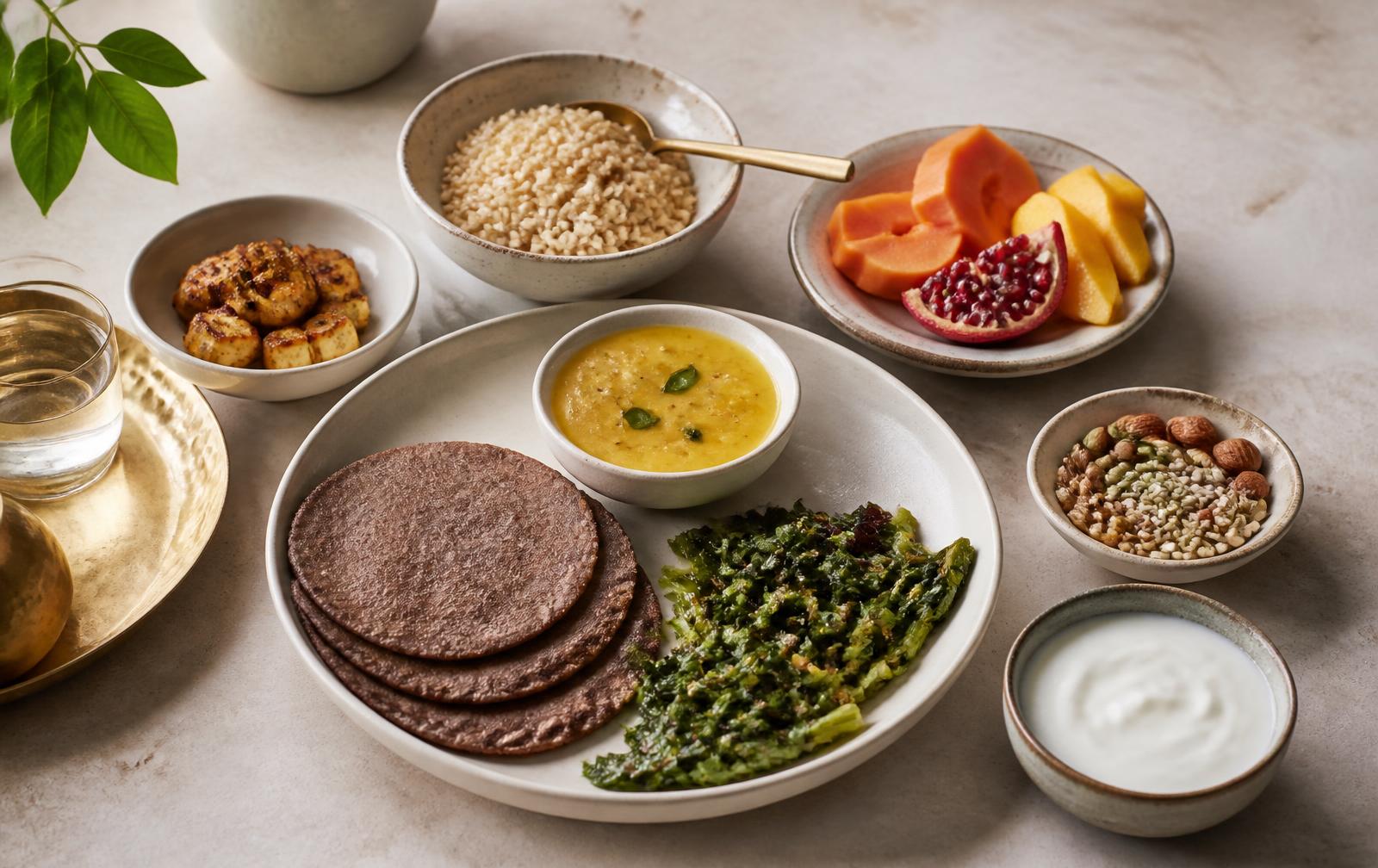 Balanced Indian meal with dal, vegetables, fruit, millet roti, whole grains, nuts, seeds and curd